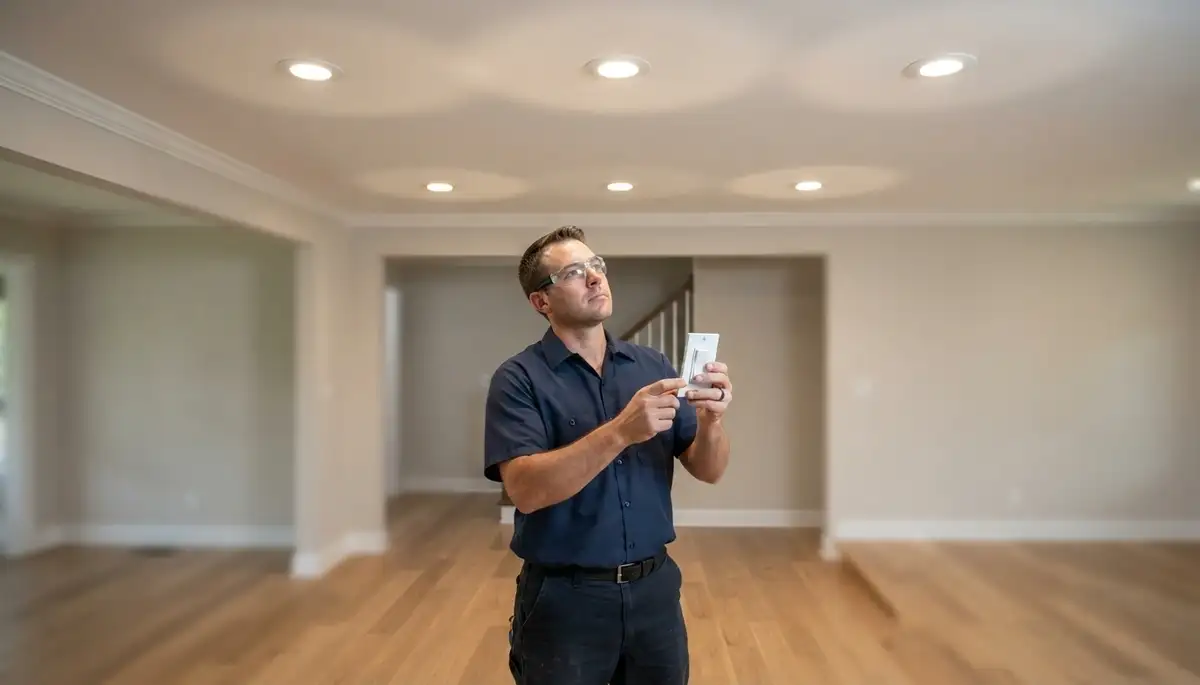 Electrician verifies recessed lighting beam coverage and dimmer operation in a Louisville, KY home
