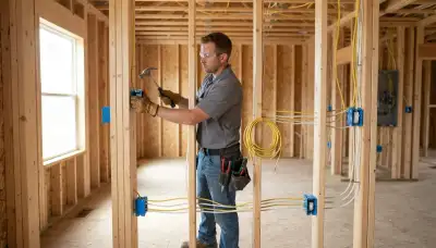 Electrician installs electrical boxes and secures cable during new construction wiring in Louisville, KY