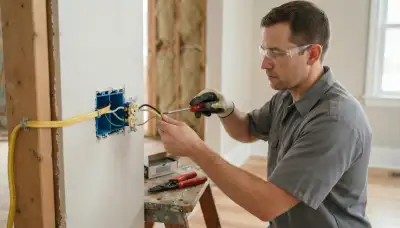 Electrician terminates routed cables at device box terminals during a Louisville, KY home wiring installation