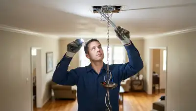 Louisville, KY electrician assessing an exposed ceiling box and support brace for safe chandelier installation