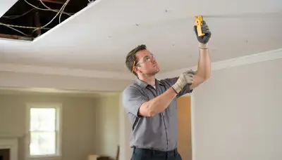 Louisville, KY electrician marks ceiling joists with a stud finder for recessed lighting installation