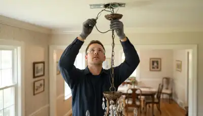 Louisville electrician secures chandelier to a rated ceiling brace during wiring installation
