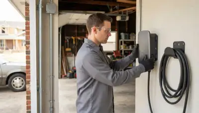 Electrician installs a wall-mounted EV charger with dedicated conduit circuit in a Louisville, KY garage