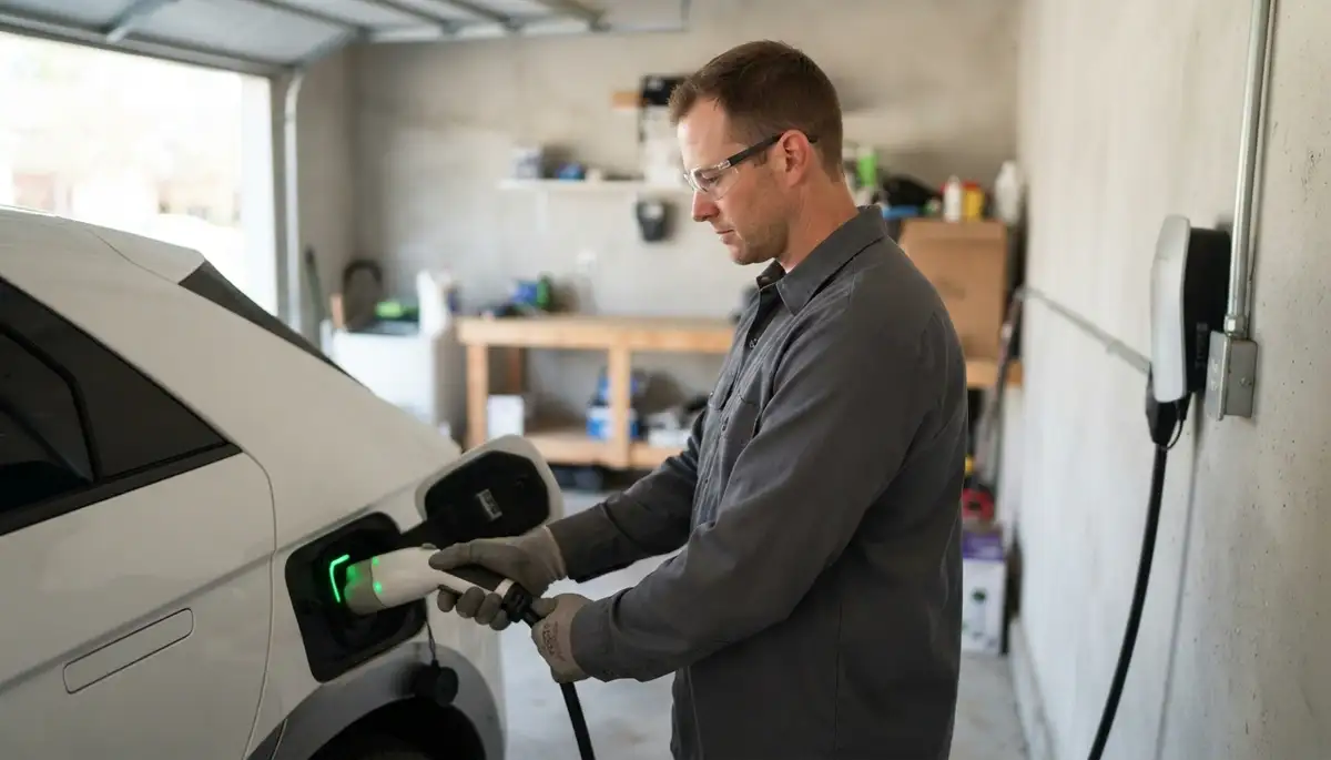 Louisville, KY electrician tests EV charger installation by connecting the charging cable to a vehicle