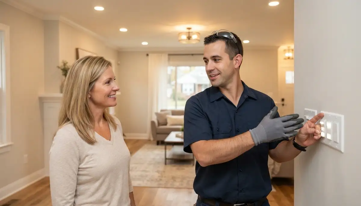 Louisville, KY electrician demonstrates dimmer controls to homeowner after residential lighting installation