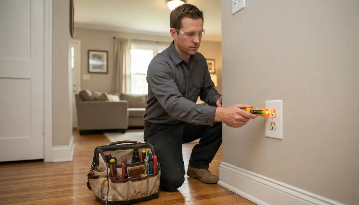 Louisville, KY electrician tests a newly installed receptacle during final electrical work verification.