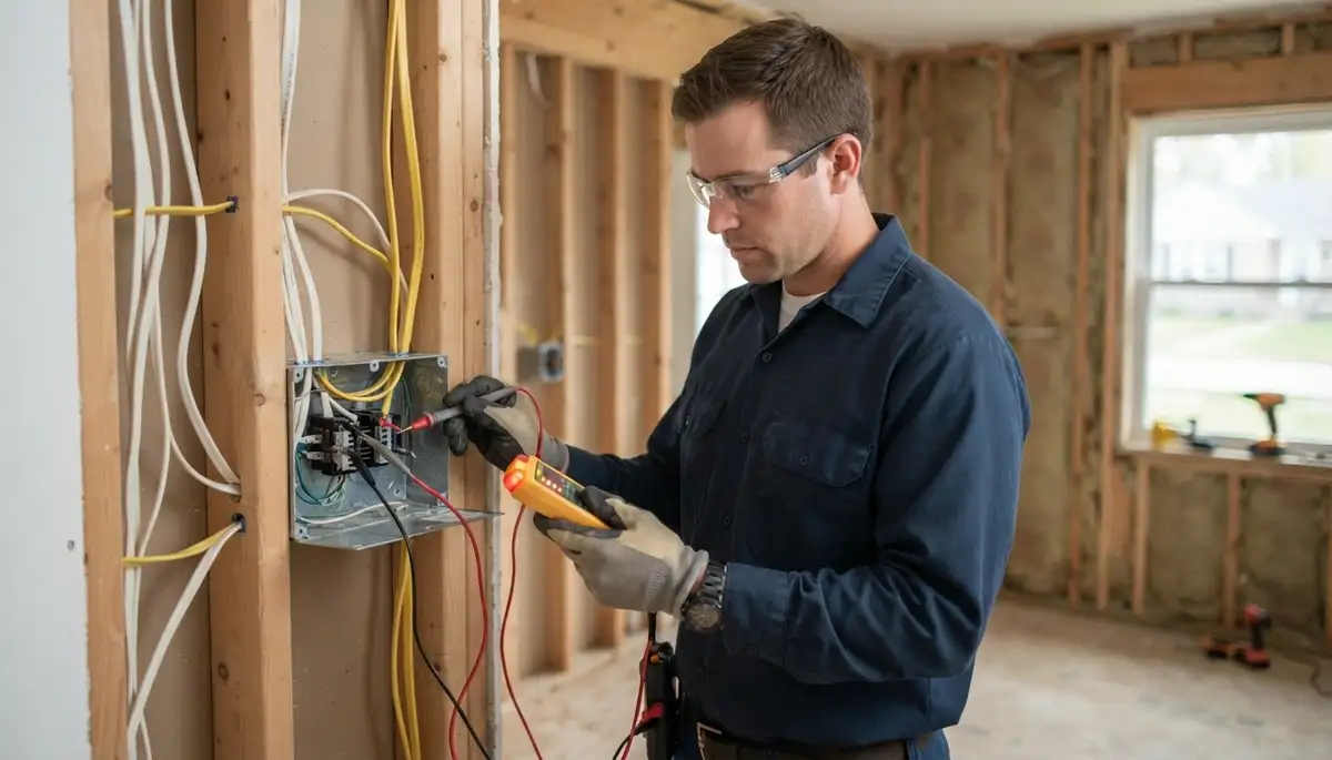 Louisville electrician tests continuity and polarity on new wiring in an open electrical box before drywall installat...