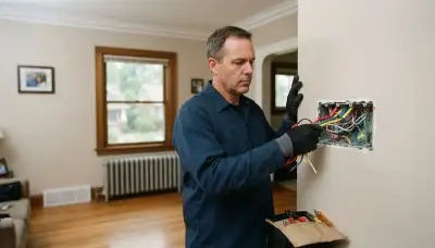 Louisville, KY electrician assesses wiring in an open gang box for programmable lighting control installation