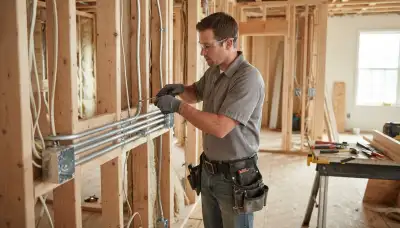 Louisville, KY electrician fastening conduit to wall studs and aligning electrical boxes for residential installation