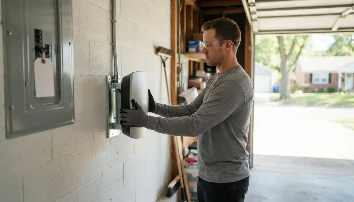 Electrician installing a wall-mounted EV charger with conduit in a Fairdale, Louisville, KY garage