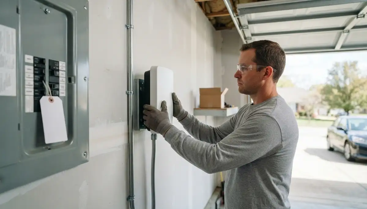 Electric vehicle charger installation with garage conduit in Floyds Knobs, IN, near Louisville, KY