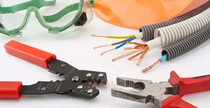 Electrical wiring repair with professional tools and safety equipment in New Albany, IN