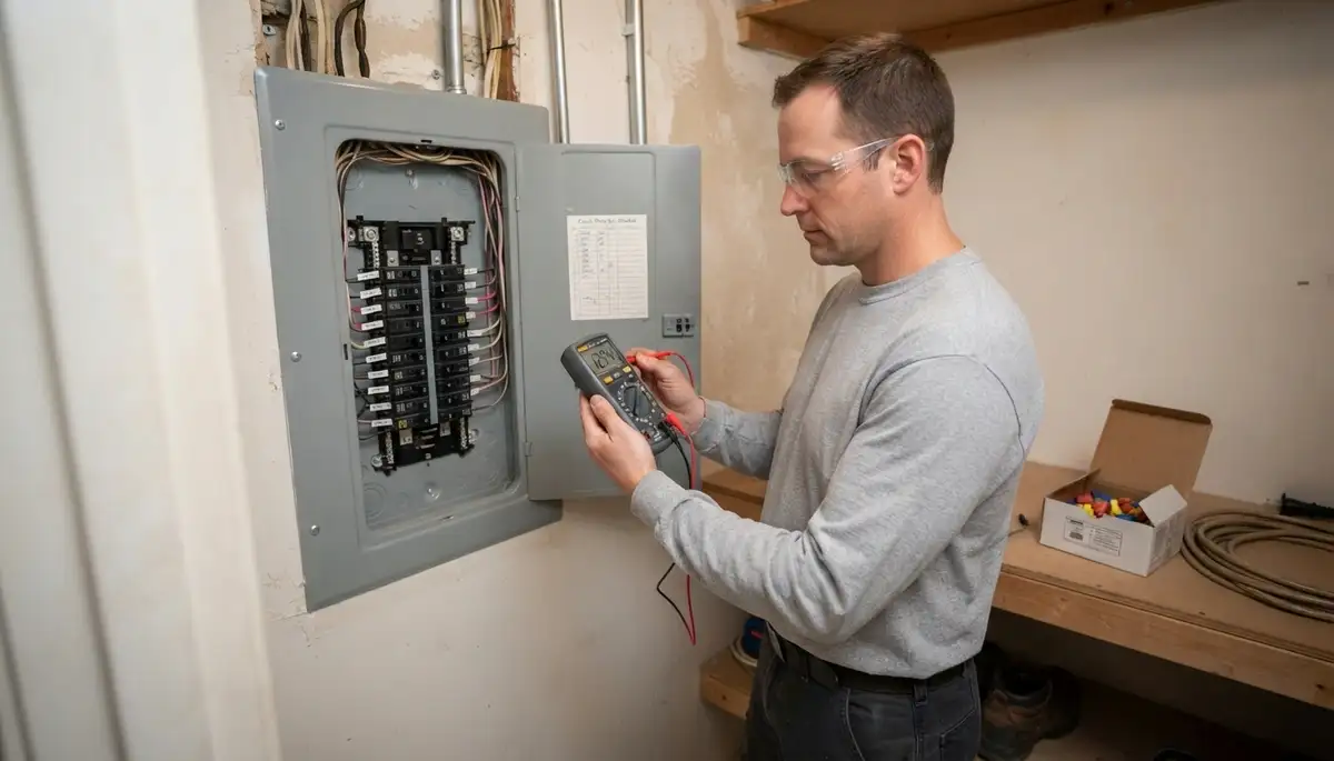 Louisville, KY electrician tests voltage and polarity at each circuit in a newly energized electrical panel