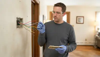 Electrician examining labeled thermostat control wires in a Louisville, KY home