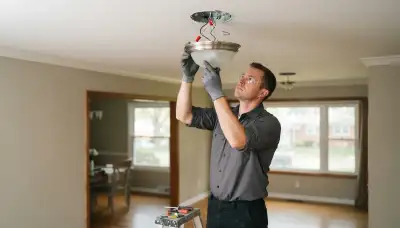Electrician installs a ceiling light fixture and connects wiring in a Louisville, KY home.