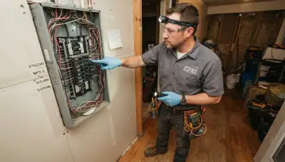 Electrician assesses GFCI circuits at an open electrical panel in a Louisville, KY home
