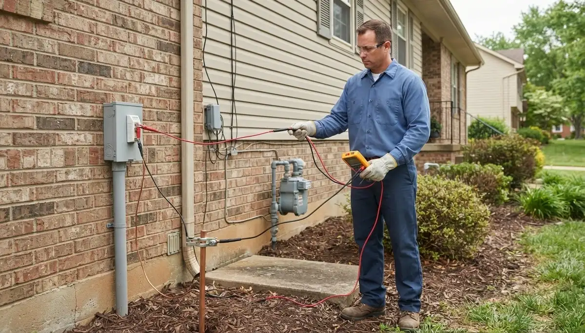 Louisville, KY electrician verifies grounding continuity from surge protector to ground rod