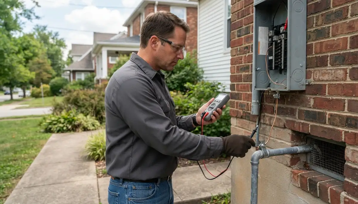 Louisville, KY electrician uses a multimeter to verify service voltage and grounding at electrical service terminals.