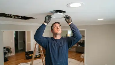 Electrician installs a recessed light trim ring into ceiling housing in Louisville, KY homes