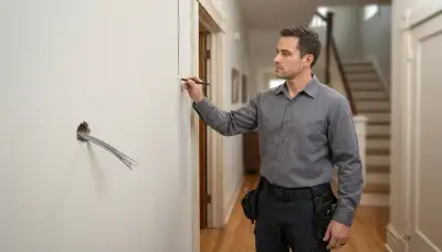 Louisville, KY electrician marks a home wall for intercom station installation and cable routing