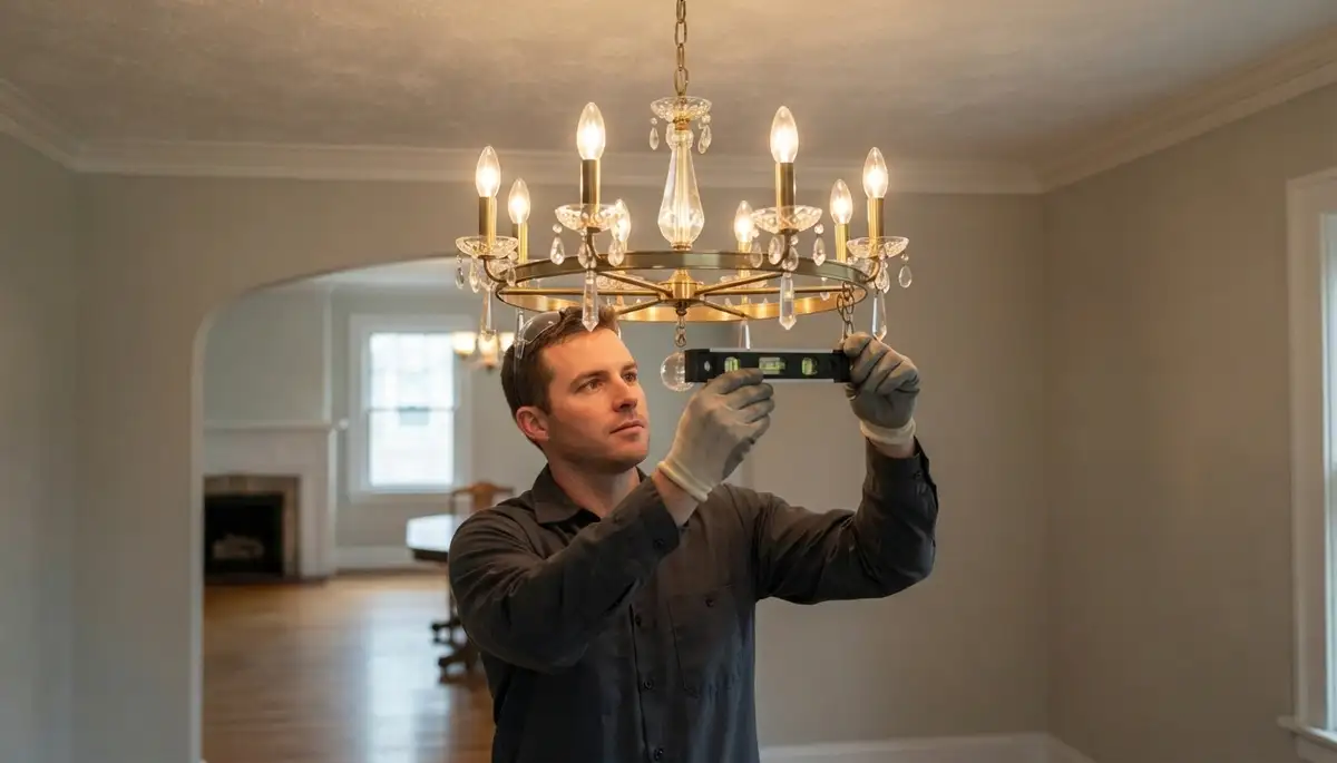 Louisville, KY electrician levels chandelier and tests dimmer during professional installation