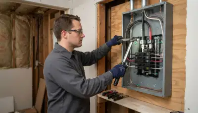 Licensed Louisville, KY electrician uses a torque wrench to terminate feeder conductors in a new load center