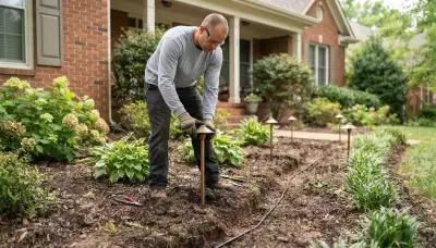 Louisville, KY electrician installing low-voltage landscape lighting stakes and buried cable in a planting bed