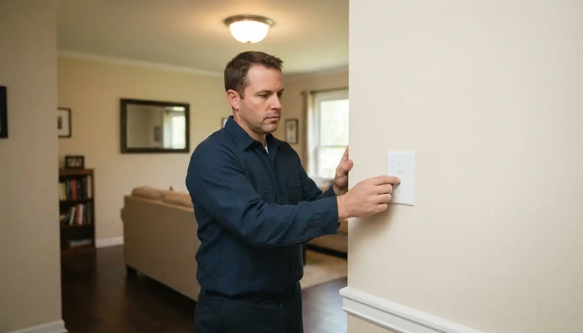 Louisville, KY electrician tests a repaired wall switch with cover plate, confirming the light works properly