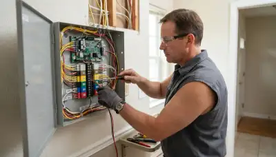 Technician terminates labeled zone wires at a fire alarm control panel in a Louisville, KY home