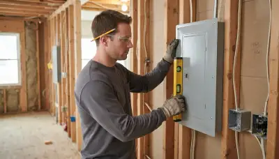 Louisville, KY electrician levels a new electrical panel enclosure during residential panel installation rough-in