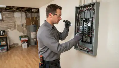 Louisville, KY electrician inspects open electrical panel for whole-home surge protection installation