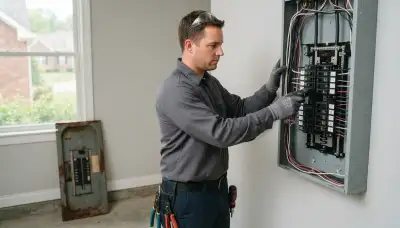 Electrician upgrading an electrical panel in an older Pewee Valley, KY home