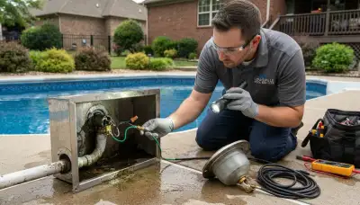 Louisville, KY electrician inspects pool light niche bonding and junction box with a flashlight for safe installation