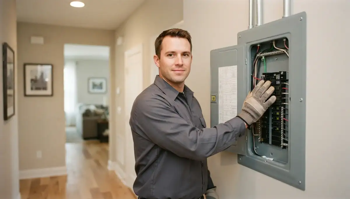 Louisville, KY electrician verifies completed electrical panel installation during final project walkthrough