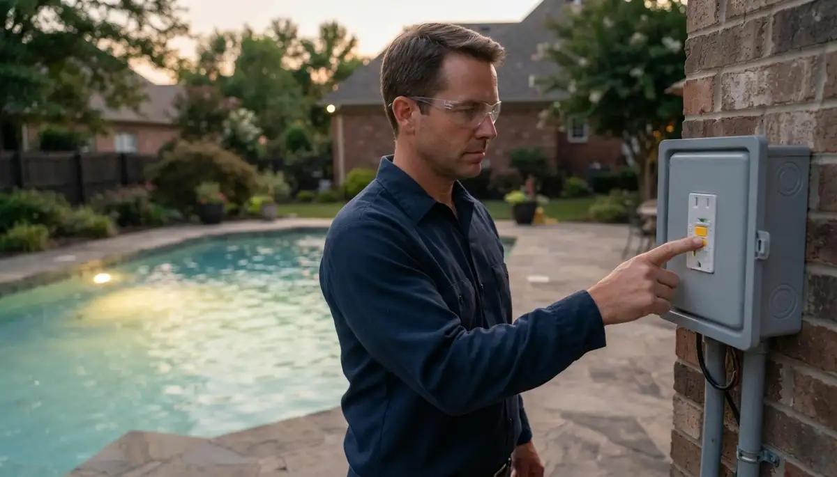 Louisville, KY electrician tests pool light GFCI protection at deck panel as pool lighting illuminates the water