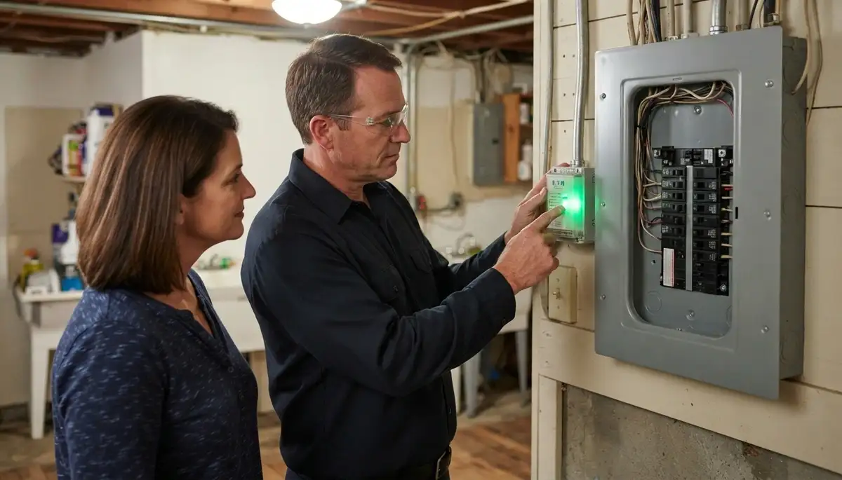 Electrician checks active status indicator on whole-home surge protector in Louisville, KY