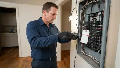 Louisville, KY electrician safely repairs residential wiring using a lockout tag and screwdriver