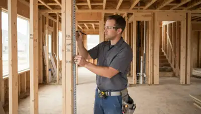 Electrician marking circuit runs and outlet heights on open studs for new construction wiring in Louisville, KY