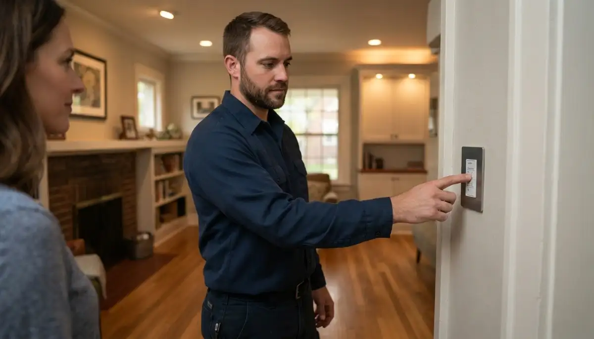 Electrician verifies programmable lighting scenes with a Louisville, KY homeowner, adjusting brightness indoors.