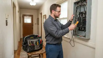Louisville, KY electrician diagnoses a home's electrical issue at an open load center panel with a voltage tester