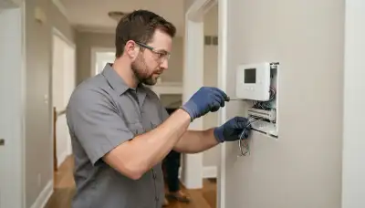 Electrician using a screwdriver to terminate intercom station wires in a Louisville, KY home