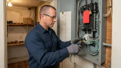 Electrician installs a whole-home surge protector with short leads at an electrical panel in Louisville, KY