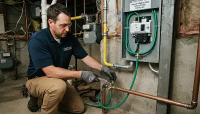 Electrician installing surge protection and bonding jumpers at a Louisville, KY home