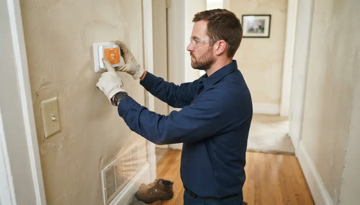 Electrician testing a new thermostat’s heating and cooling cycles in a Louisville, KY home