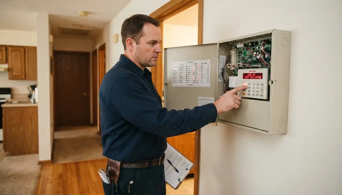 Electrician testing fire alarm panel detection zones during a Louisville, KY home walkthrough