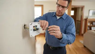 Electrician wiring and leveling a new thermostat base during HVAC installation in a Louisville, KY home