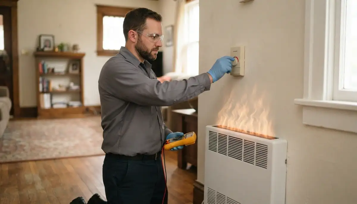 Technician verifies an electric heater thermostat and warm air output in a Louisville, KY home