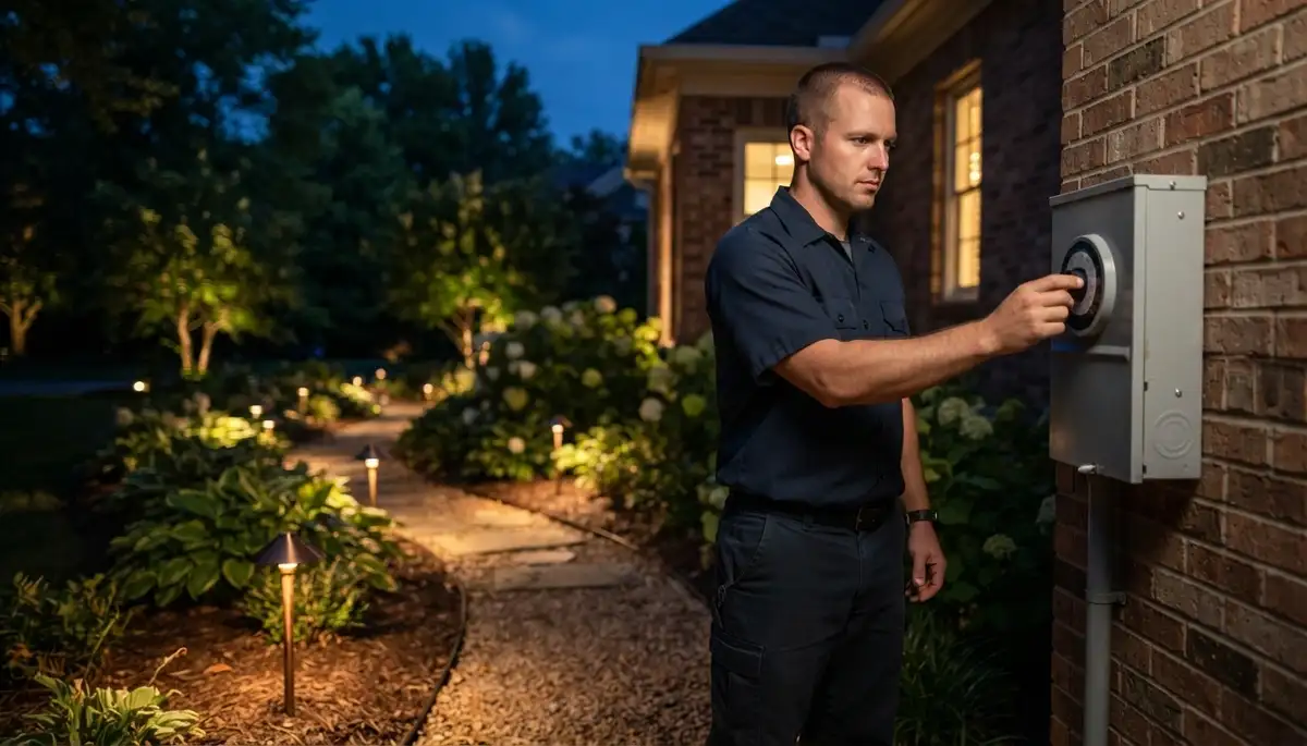 Louisville, KY electrician adjusts a landscape lighting transformer timer as path fixtures illuminate a yard at night