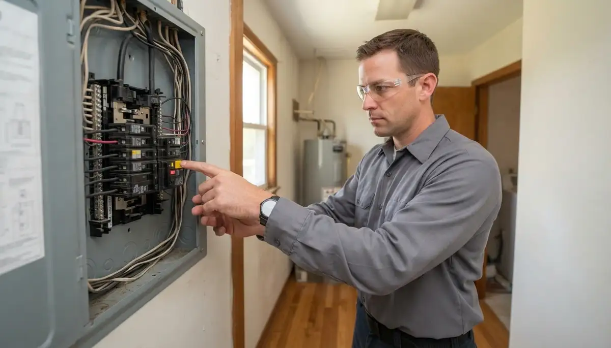 Electrician presses a GFCI breaker test button during trip testing in a Louisville, KY home