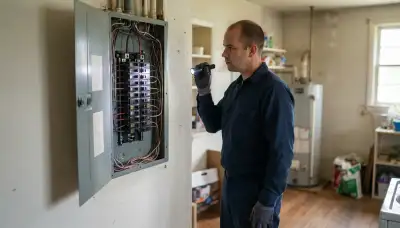 Electrician inspecting home wiring and breaker panel during a whole-home electrical inspection in Fairdale, KY